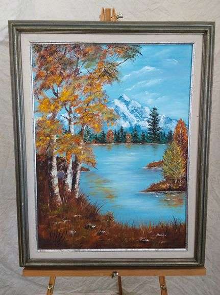 21X28 ORIGINAL, ARTIST UNKNOWN, MOUNTAIN LAKE PAINTING