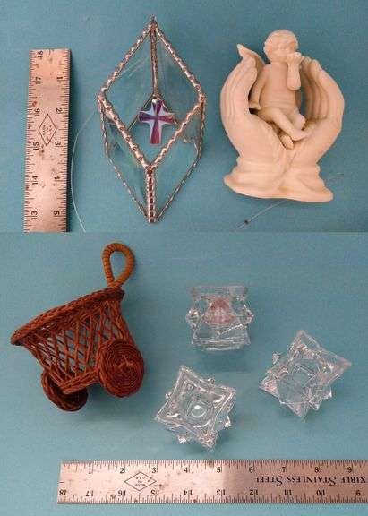 3 CRYSTAL CANDLE HOLDERS, ANGEL STATUETTE, STAINED GLASS ORNAMENT WITH CROSS, WOVEN BASKET, 2 20X20 TABLE COVERS WITH CROCHETED EDGE, 2 AMBER CANDLE WALL SCONCES, ROSE PAPERWEIGHT, 15X44 CROCHETED TABLE RUNNER
