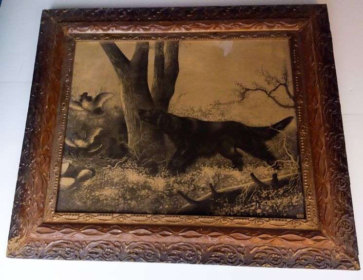 27X22 PRINT, ARTIST UNKNOWN, HUNTING DOG, ORNATE FRAME