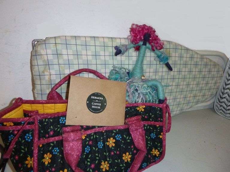 HANDMADE QUILTED TOTE, MARY MCDANIEL CRAZY DOLL, TABLE TOP IRONING BOARD, $10 GIFT CERTIFICATE TO HERMOSA COFFEE HOUSE
