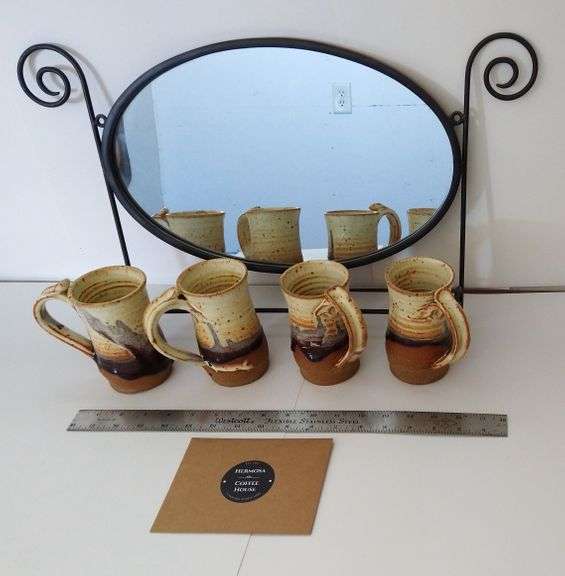 KLIND POTTERY, HINSDALE, MONTANA, 4 HANDMADE COFFEE CUPS, $10 GIFT CERTIFICATE TO HERMOSA COFFEE HOUSE, MIRRORED TOWEL RACK