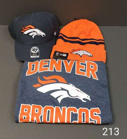 NFL Denver Broncos cap with metal adjustment, XL tshirt, and cuffed
