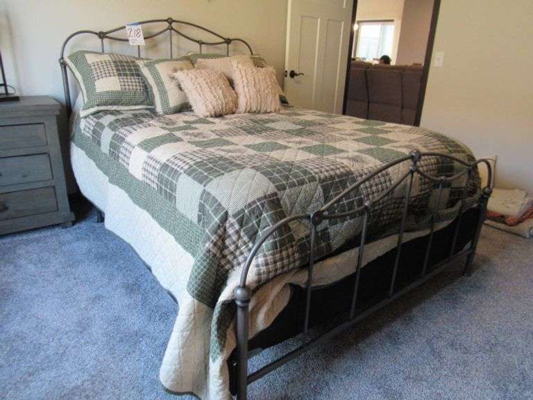 METAL BED FRAME AND ARTWORK ON WALL - FULL SIZE SEALY SLUMBERCREST COLLECTION MATRESS, MAY HAVE NEVER EVEN BEEN SLEPT IN - INCLUDES BRAND NEW BEDDING, PILLOWS, ETC. ON BED. ALL TO GO