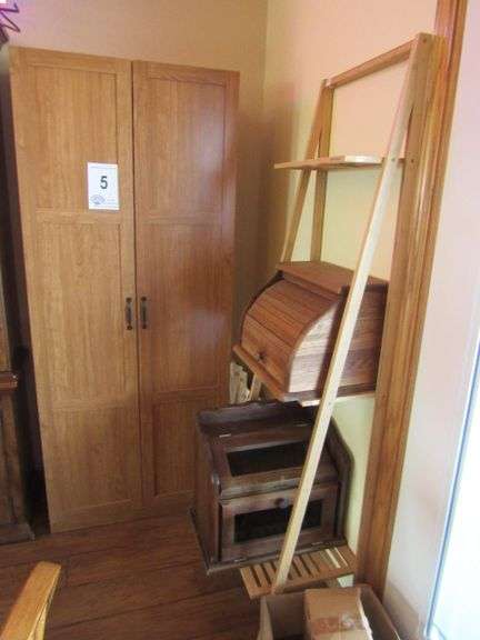 WOODEN PANTRY W/ CONTENTS INCLUDING TUPPERWARE AND BOWLS 71" X 16" DEEP X 30" W/ WOODEN SHELF AND TWO BREAD BOXES