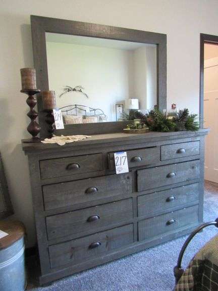 MODERN PINE NINE DRAWER DRESSER W/ MIRROR - 18" DEEP X 64" WIDE X 80" TALL AND NIGHTSTAND 17" DEEP X 32" WIDE X 32" TALL