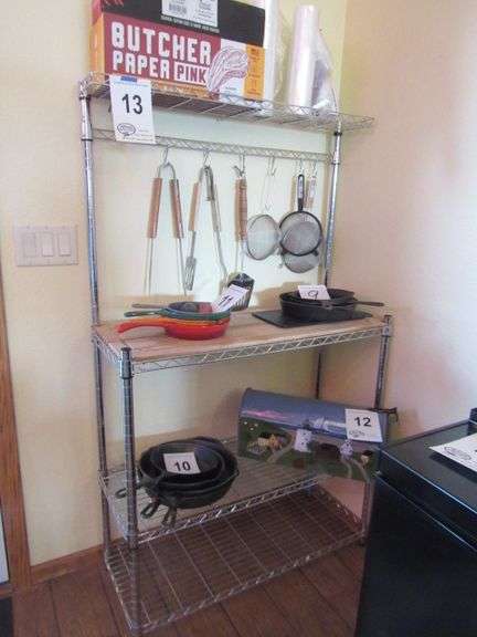 METRO BAKERS RACK 35" WIDE X 61" TALL INCLUDES BBQ TOOLS, THREE STRAINERS, BUTCHER PAPER & PLASTIC