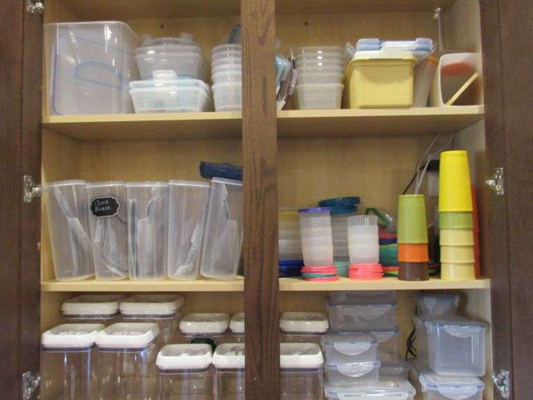 CONTENTS OF THE CUPBOARD; PLASTIC STORAGE CONTAINERS, CUPBOARD FULL