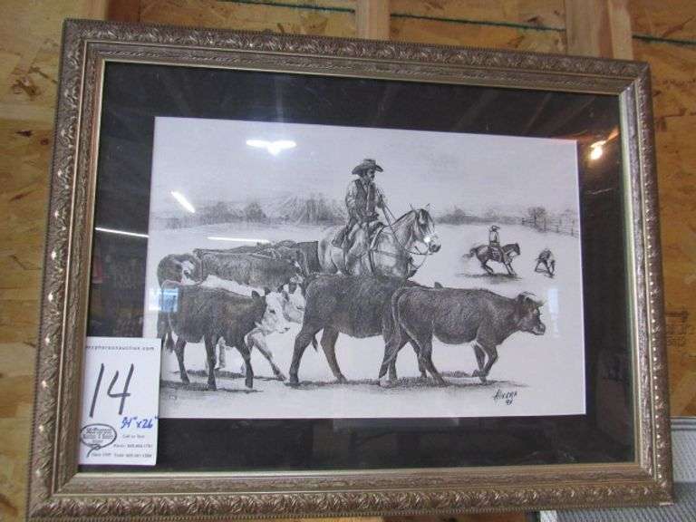 34" X 26"  ALIVERA CHARCOAL ART CATTLE AND COWBOYS
