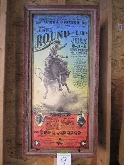 22" X 43" BELLE FOURCHE  RODEO POSTER -ARTIST SIGNED - BARN WOOD FRAME