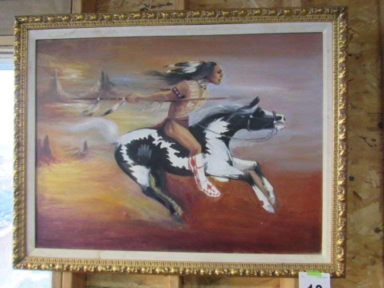 45" X 36" NATIVE AMERICAN WARRIOR AND HORSE OIL PAINTING  - FRAMED