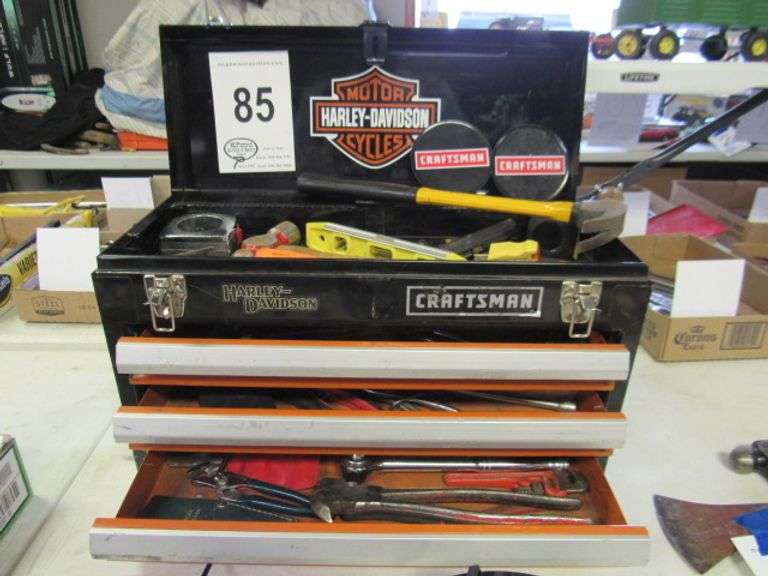 HARLEY DAVIDSON CRAFTSMAN 3 DRAWER, FLIPTOP TOOLBOX LOADED WITH TOOLS