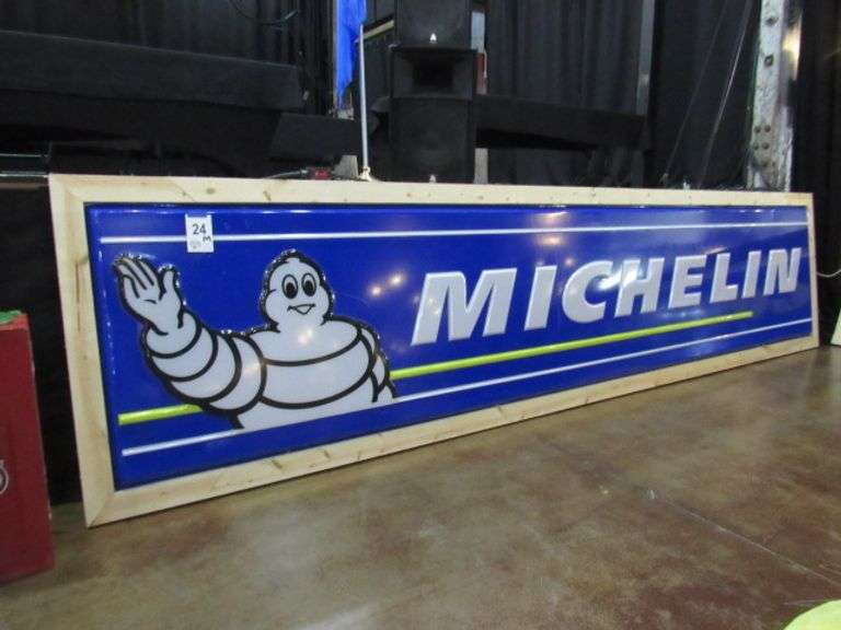 MICHELIN 4' X 18' PLASTIC INSERT SIGN WITH CUSTOM WOOD FRAME TOTAL FRAME SIZE IS 52.5" X 18FOOT 5IN