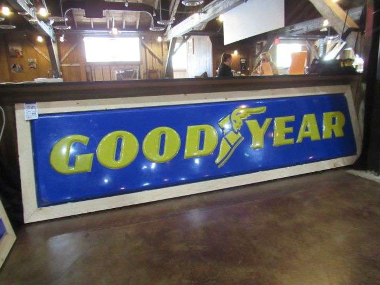 11' X 32"H GOODYEAR PLASTIC SIGN W CUSTOM WOOD FRAME 12FT 4 INCHES X 39IN