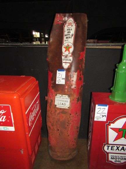 VINTAGE METAL PUMP FRONT 65"H W/ PORCELIN LEAD SIGN