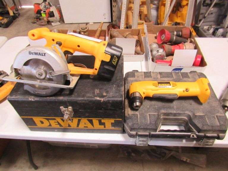 DEWALT 5 3/8" TRIM SAW AND A 3/8" RIGHT ANGLE DRILL INCLUDES DEWALT METAL TOOL BOX - NO BATTERIES OR CHARGERS