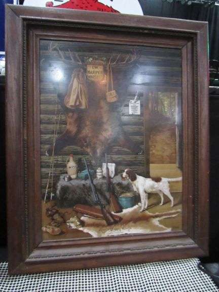 VITROLITE GLASS SIGN W/ CABIN DOG AND GUNS FRAMED 25" X 31" VERY RARE AND UNIQUE
