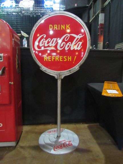 COCA COLA PORCELIN LOLLIPOP SIGN DOUBLE SIDED W/ COCA COLA BASE 66" TALL