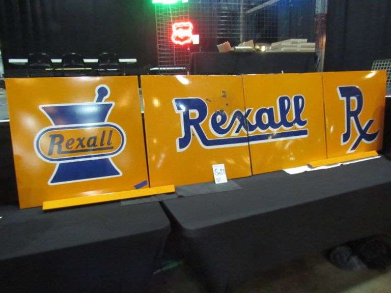 REXALL PORCELIN 4 SECTION SIGN W/ END CAPS - 34" TALL X 138" LONG