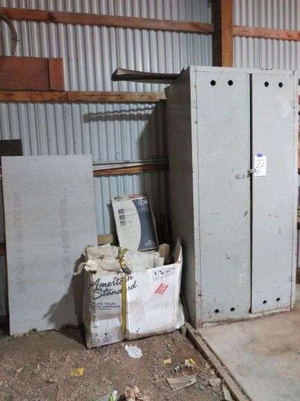 WOODEN CABINET  36"X24"X79" TALL TAPE GUNS, CB RADIOS, TOILET AND TANK, SHEET OF HARDIE BACKER