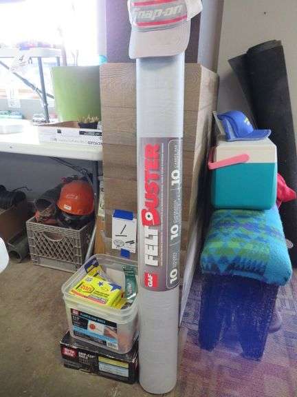 NEW ROLL OF GAF FELT BUSTER ROOFING FELT,NEW IRWIN UTILITY KNIFE NEW ROOFING HOOK BLADES ASSORTED SCREWS AND FULL BOX OF FELT NAILS