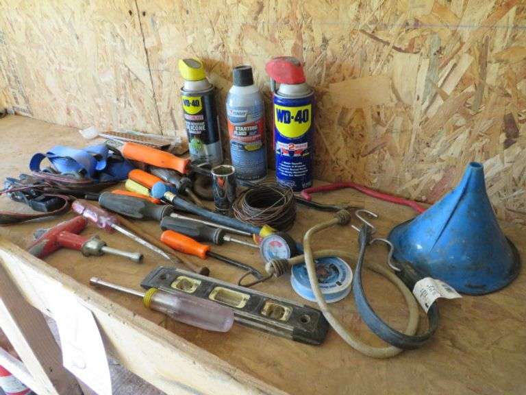 GROUP OF ASSTD. TOOLS INCLUDING WOOD SHIMS, AND FLUIDS