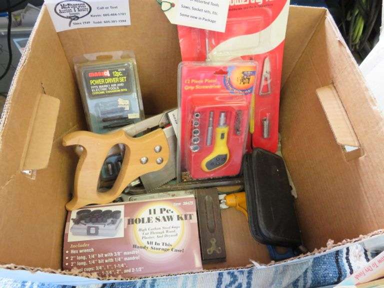 BOX OF ASSORTED TOOLS SOME NEW IN PACKAGE