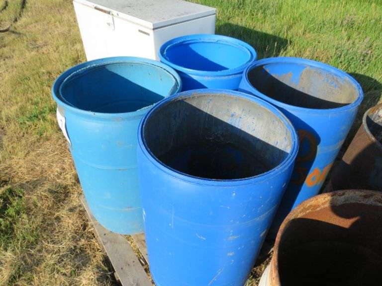4 PLASTIC BARRELS - TOPS ARE CUT OUT