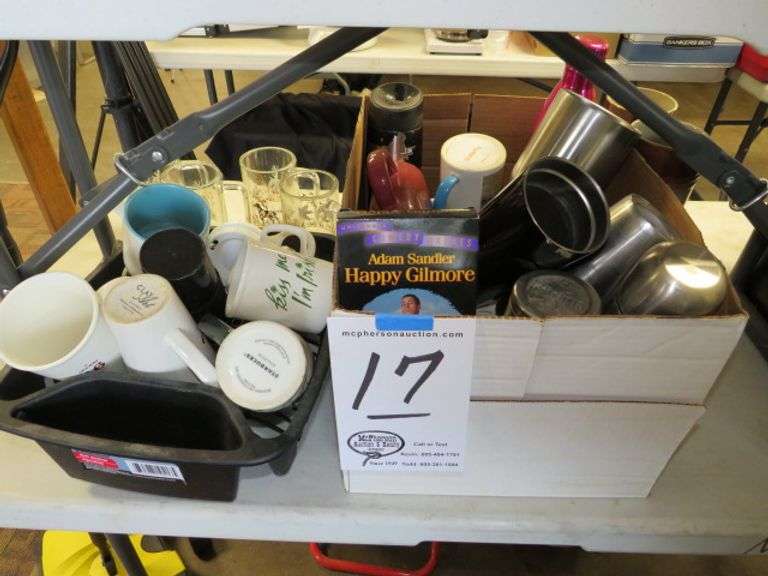 2 BOXES ASSORTED MUGS,BEER GLASSES, INSULATED CUPS, AND A HAPPY GILMORE VHS
