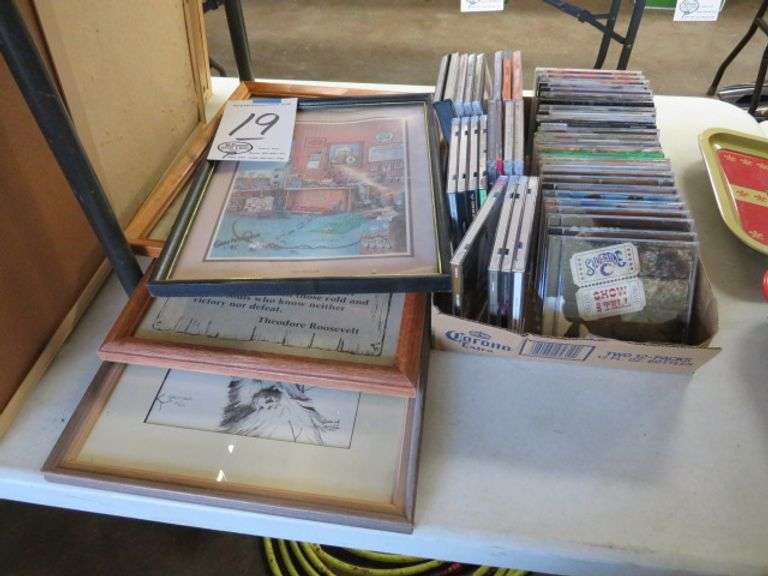4 FRAMED PRINTS, AND BOX OF CD'S