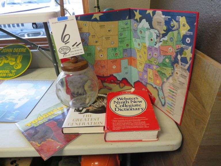 LOT OF TREASURES - COIN COLLECTOR MAP, GLASS CONTAINER BOOKS, CRIBBAGE BOARD SET, BOOKS AND DICTIONARY