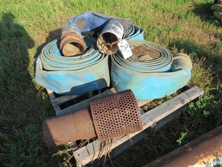 PALLET OF LAY FLAT HOSE, SUCTION END AND WATER GOOSENECK PIPE