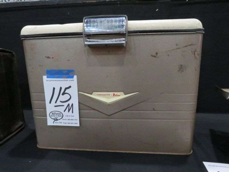 THERMASTER BY POLORON METAL COOLER WITH WORKING LATCH AND DRAIN - IN GOOD SHAPE FOR THE AGE