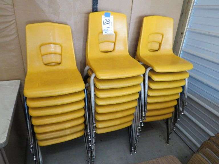 23 YELLOW PLASTIC CHAIRS - ALL TO GO ONE MONEY - APPX 18" HIGH