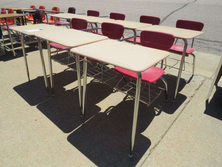 SEVEN SCHOOLS DESKS W/ BURGUNDY CHAIRS