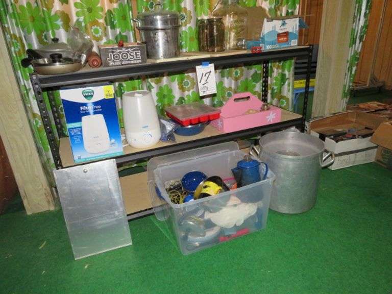 2 METAL SHELF UNITS WITH CONTENTS, GLASSWARE, CAMPING AND COOKING ITEMS, LARGE ALUMINUM KETTLE, MEDICAL ITEMS, GAMES & ETC. - BOTH SIDES OF THE GROUP IN THE CENTER OF THE BASEMENT