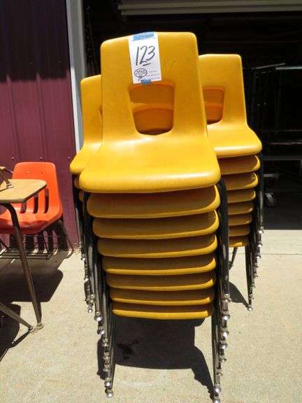23 YELLOW PLASTIC CHAIRS - ALL TO GO ONE MONEY - APPX 18" HIGH