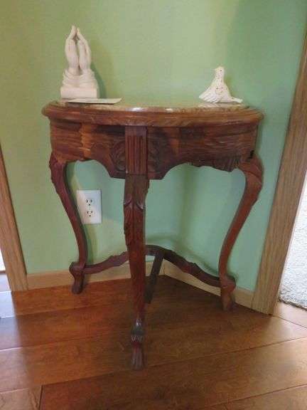 HALF ROUND WOOD TABLE W/ MARBLE TOP INSERT 21" W X 13" DEEP AND 25" TALL