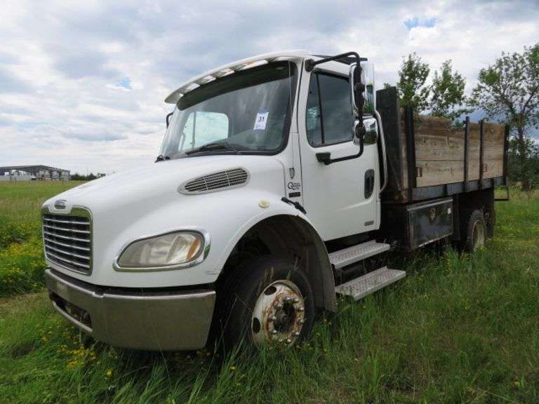 2004 Freightliner Flatbed Truck W/ HOIST BED - 233,156 miles - VIN 1FVACWCS14HM95364 - automatic transmissinon - air conditioning -  210 horse Mercedes diesel - 245/70/19.5 tires - steel 12' hoist bed - runs, drives and operates - sells with title
