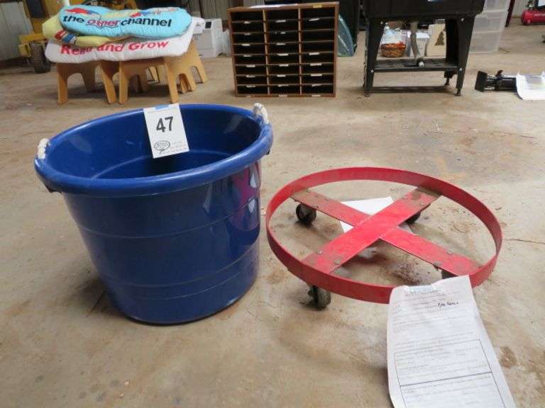 55 GALLON RED BARREL DOLLEY AND BLUE RUBBER TOTE W/ HANDLES