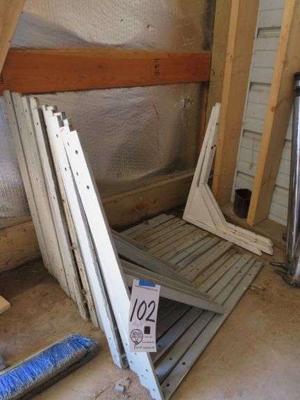 GROUP OF HEAVY 17 GRAY METAL ANGLE BRACKETS AND FOUR WHITE METAL BRACKETS 27 1/2" X 28"