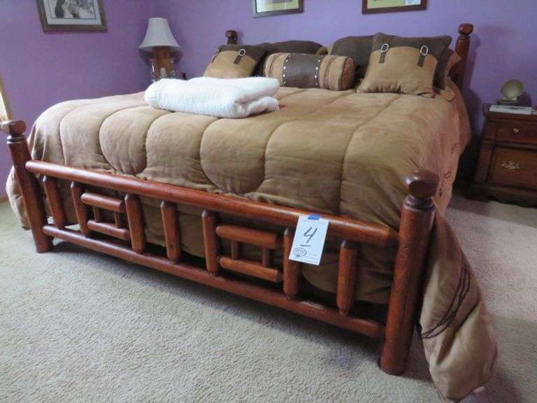 SUPER KING SIZE BED WOOD FRAME AND BOX SPRINGS AND MATTRESS ALSO INCLUDES THE BEDDING