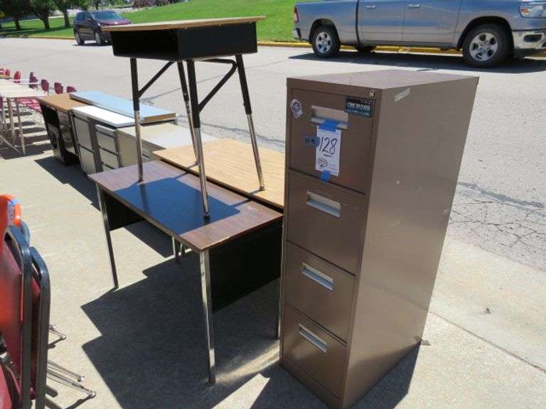 FOUR DRAWER FILE CABINET, FIVE DESKS AND TABLES AND SMALL SENTRY SAFE - LOCK NEEDS REPAIRED