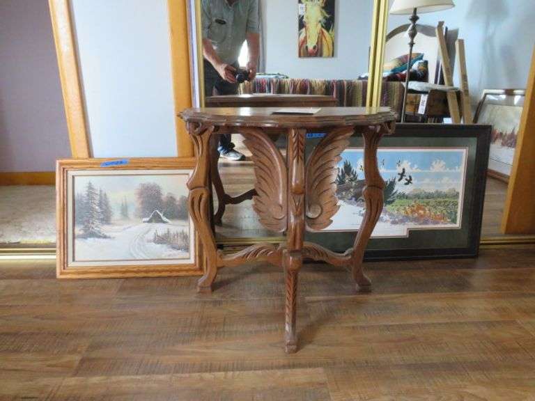 ORNATE WOODEN WALL TABLE AND 2 PAINTINGS 20.5"X16.5" WINTER SCENE OTHER IS "ON THE RIDE" PALL GOBEL WILDLIFE 29.5"X20"