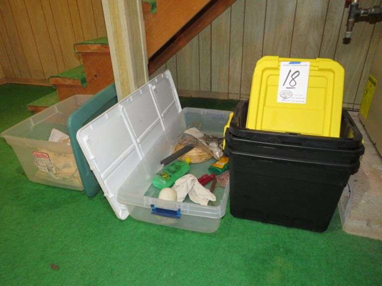 3 SMALL BLACK AND YELLOW TOTES WITH LIDS, FLAT TOTE WITH ITMES AND ETC