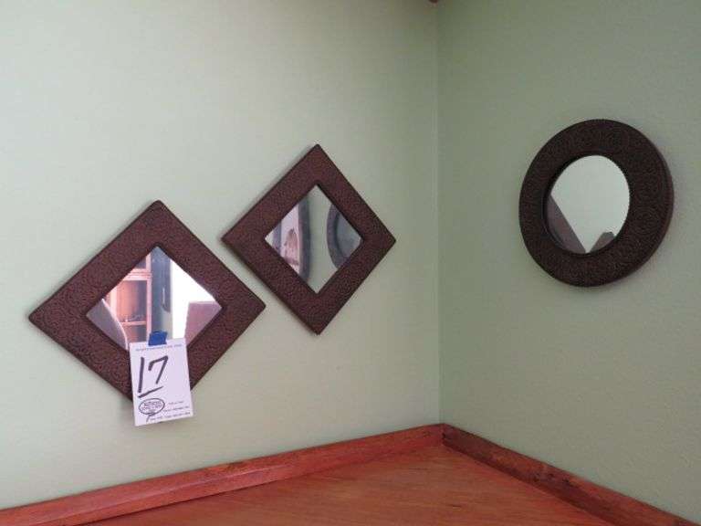 3 SML. WALL HANGING MIRRORS 2 SQ. AND 1 ROUND EA. APPROX. 13"