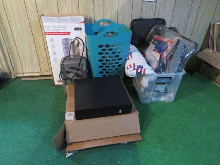 BOX OF LINNENS AND LAUNDRY BASKET, HEATER, CASH DRAWER AND ETC