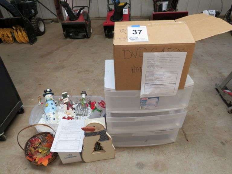 BOX OF DVD CASES - EMPTY AND THREE DRAWER PLASTIC STORAGE CART, TOTE OF WINTER DÉCOR, LIGHT UP SNOWMAN, SNOWGLOBE, BASKET & FAKE LEAVES