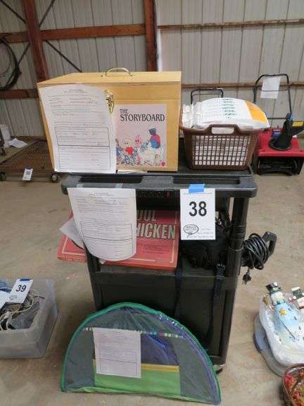 THE STORY BOARD SET WITH CASE - AV CART W/ FLANNEL BOARD SETS, COOL CHICKEN GAME, EMPTY CAMERA CASE AND TOY TENT