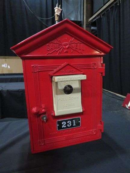 GAME WELL FIRE ALARM STATION, CAST IRON, ORIGINAL, WITH INNER WORKINGS, WITH KEY