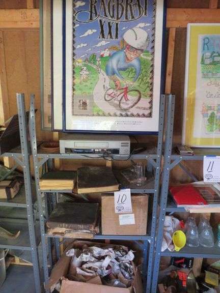 CONTENTS OF THE METAL SHEVING UNIT 30"X12"X61" BOX OF OLD TIME DISHES AND UTENCILS BIBLES COOKBOOK ETC INCLUDES METAL SHELVING UNIT